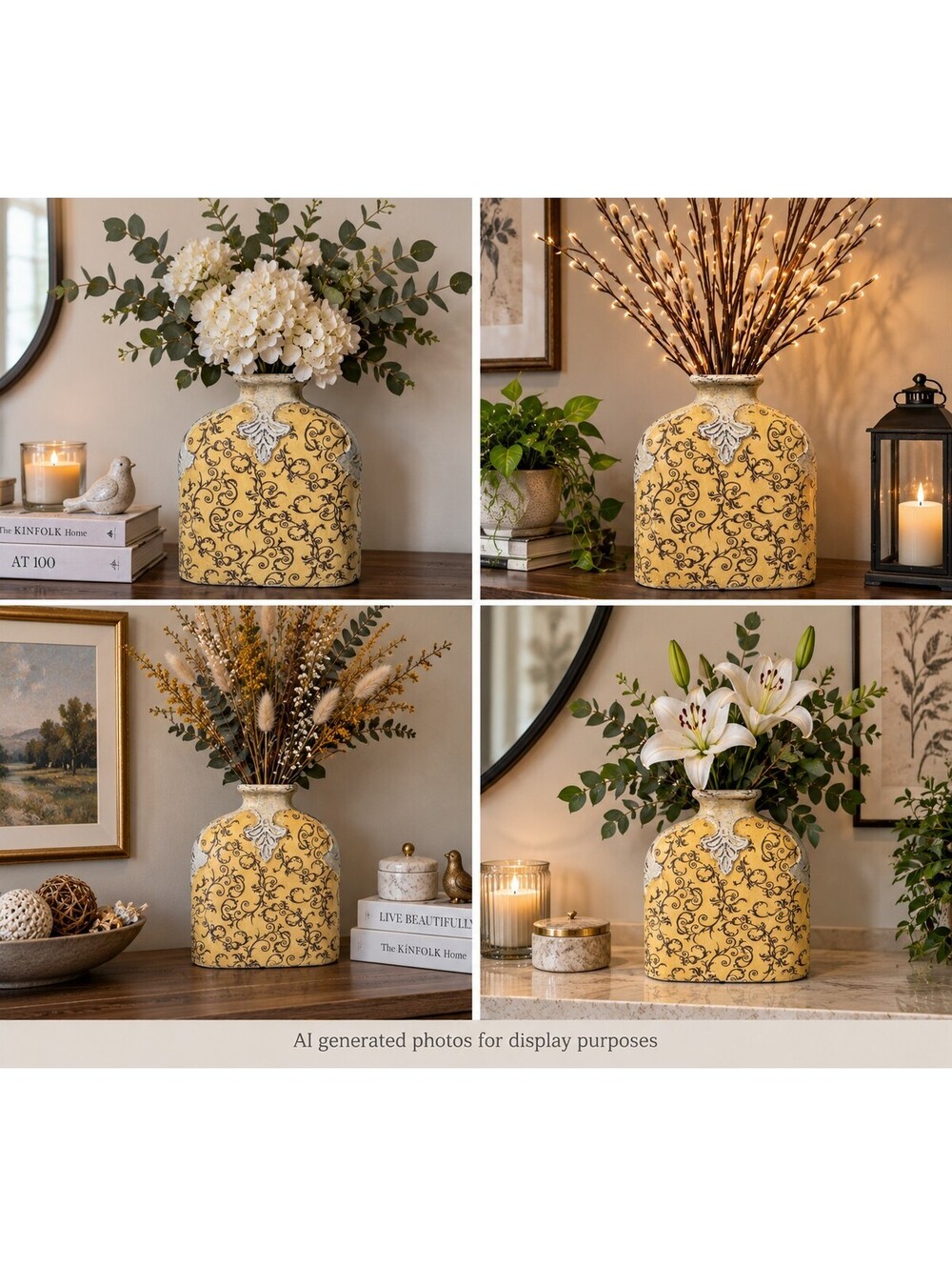 Tuscan Mustard Yellow Distressed Ceramic Flask Vase Mediterranean Home Decor